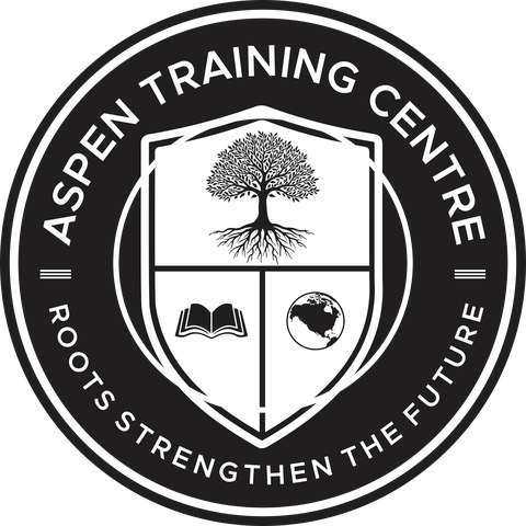 Aspen Training Centre official emblem — a tree with deep roots inside a shield, encircled by the words Aspen Training Centre and Roots Strengthen The Future